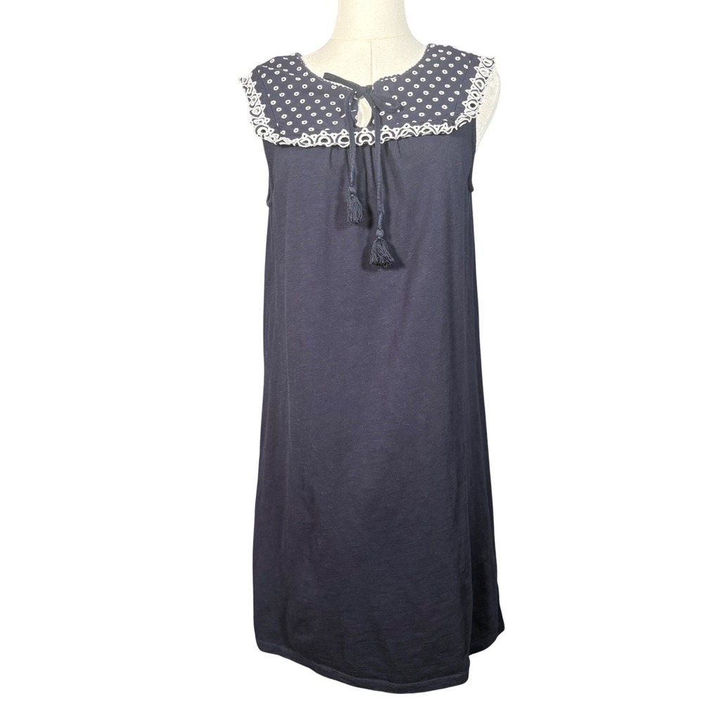 Boden Navy Blue Cotton Eyelet Yoke Tassel Shift Dress Womens US 8 UK 12